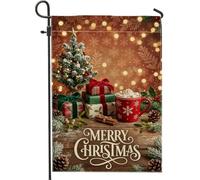 Accogliente bandiera da giardino con albero di Natale e cacao, 30,5 x 45 | Accogliente stile cabina, bandiera del prato, sfondo rustico in legno, modelli di fiocchi di neve, scatole regalo