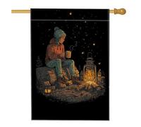 Accogliente bandiera da giardino con falò, scena notturna nera con lanterna e tazza, striscione in iuta su entrambi i lati per autunno inverno decorazione per prato all'aperto 71 x 101 cm