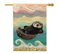 Accogliente bandiera da giardino con lontra marina, striscione decorativo per esterni con onde colorate sulla spiaggia, bandiera a doppia faccia in iuta per la decorazione estiva della casa, 71 x 101