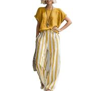 Accogliente Completo Due Pezzi a Righe in Cotone e Lino dalla vestibilità Ampia: Elegante T-Shirt Minimalista e Pantaloni a Gamba Larga a Righe, Ideale per i Viaggi Estivi (Yellow,S)