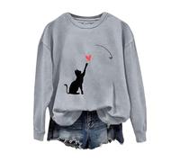 Accogliente Felpa di San Valentino per le donneCute Cat Coppia Amore Romance Felpa Manica Camicia Gatto Per Le Donne Abiti per Regali 2026, Grigio, L