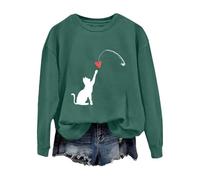 Accogliente Felpa di San Valentino per le donneCute Cat Coppia Amore Romance Felpa Manica Camicia Gatto Per Le Donne Abiti per Regali 2026, Verde, L