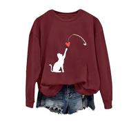 Accogliente Felpa di San Valentino per le donneCute Cat Coppia Amore Romance Felpa Manica Camicia Gatto Per Le Donne Abiti per Regali 2026, vino, L