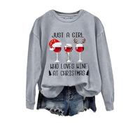 Accogliente felpa natalizia da donna, con scritta "Just A Girl Who Loves Wine At Christmas", girocollo, per la vita quotidiana, regali di Natale, Grigio, XL
