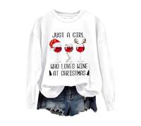 Accogliente felpa natalizia da donna, con scritta "Just A Girl Who Loves Wine At Christmas", girocollo, per la vita quotidiana, regali di Natale, bianco, XL