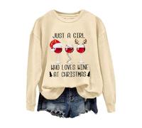 Accogliente felpa natalizia da donna, con scritta "Just A Girl Who Loves Wine At Christmas", girocollo, per la vita quotidiana, regali di Natale, Beige, L