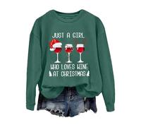 Accogliente felpa natalizia da donna, con scritta "Just A Girl Who Loves Wine At Christmas", girocollo, per la vita quotidiana, regali di Natale, Verde, XL