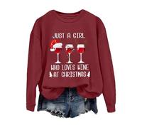 Accogliente felpa natalizia da donna, con scritta "Just A Girl Who Loves Wine At Christmas", girocollo, per la vita quotidiana, regali di Natale, vino, XL