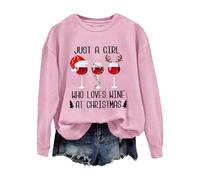 Accogliente felpa natalizia da donna, con scritta "Just A Girl Who Loves Wine At Christmas", girocollo, per la vita quotidiana, regali di Natale, rosa, M