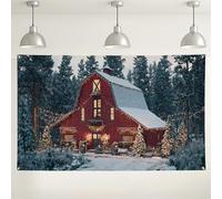 Accogliente sfondo invernale con fienile, decorazioni rustiche con scena di casa rossa, sfondo fotografico natalizio per interni ed esterni, per feste di festa, 180 x 109 cm