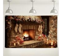 Accogliente sfondo natalizio per camino, decorazione rustica per le vacanze, sfondo marrone caldo per interni, per fotografie festive, forniture per cabine per feste, 180 x 109 cm