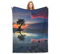 Accoglienti coperte in peluche coperte da spiaggia, albero solitario tramonto mare riflesso, regalo di Halloween San Valentino per coperta, applicabile a regali, biancheria da letto, trapunta