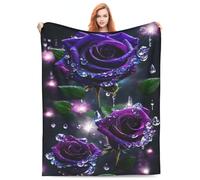 Accoglienti coperte in peluche coperte da spiaggia, rose viola gocce d'acqua scintillanti, regalo di Halloween per San Valentino per coperta, applicabile a regali, biancheria da letto, trapunta