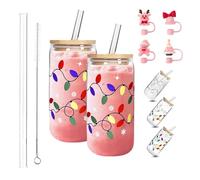 Accompanyk Color Changing Christmas Cup, Color Changing Christmas Light Glass Can with Leakproof Lid and Straw, Change Colors when Exposed to Cold, for Iced Coffee,Cold Drinks, Xmas Gift (380ml*2PCS)