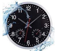 ACCSHINE Orologio da parete per esterni - con termometro e igrometro Orologio da parete senza ticchettio Silenzioso 30cm Quarzo a batteria Grande orologio da parete Deco da giardino (Nero)