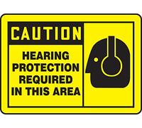 Accuform LPPE625XVE Safety Label, Legend"Caution Hearing Protection Required in This Area" with Graphic, 3.5" Length x 5" Width x 0.006" Thickness, Adhesive Dura-Vinyl, Black on Yellow