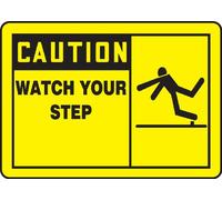 Accuform LSTF605XVE Safety Label, Legend"Caution Watch Your Step" with Graphic, 3.5" Length x 5" Width x 0.006" Thickness, Adhesive Dura-Vinyl, Black on Yellow