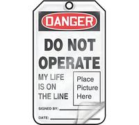Accuform MDT016LPM RP-Plastic Tag di sicurezza Legend "DANGER DO NOT OPERATE MY LIFE IS ON THE LINE", 5,75" lunghezza x 3,25" larghezza x 0,05 cm spessore, rosso/nero su bianco (confezione da 5)