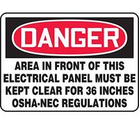 Accuform MELC001XT Dura-Plastic Sign, Legend"DANGER AREA IN FRONT OF THIS ELECTRICAL PANEL MUST BE KEPT CLEAR FOR 36", 7" Length x 10" Width x 0.060" Thickness, Red/Black on White