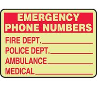 Accuform MLFE538GF Lumi-Glow Flex Adhesive Sign, Legend"Emergency Phone Numbers FIRE DEPT_ Police DEPT_", 7" Height, 7" Length x 10" Width x 0.010" Thickness, Vinyl, Red/Glow