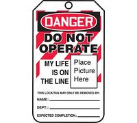 Accuform MLT600CTM PF-Cardstock Lockout Tag Legend "DANGER DO NOT OPERATE MY LIFE IS ON THE LINE", 5,75" lunghezza x 3,25" larghezza x 0,010" spessore, rosso/nero su bianco (confezione da 5)
