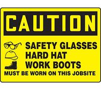 Accuform MPPE775XT Dura-Plastic BIG Sign, Legend"CAUTION SAFETY GLASSES HARD HAT WORK BOOTS MUST BE WORN ON THIS", 18" Length x 24" Width x 0.060" Thickness, Black on Yellow