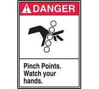 Accuform MRQM100VS Adhesive Vinyl Safety Sign, Legend"DANGER PINCH POINTS WATCH YOUR HANDS", 10" Length x 7" Width x 0.004" Thickness, Red/Black on White