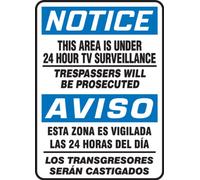 Accuform SBMASE812VP Plastic Spanish Bilingual Sign, Legend "NOTICE THIS AREA IS UNDER 24 HOUR TV SURVEILLANCE-TRESPASSERS WILL BE PROSECUTED/AVISO ESTA ZONA ES VIGILADA LAS 24 HORAS DEL DIA-LOS TRANSGRESORES SERAN CASTIGADOS", 14" x 10", Blue/Black on White