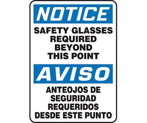 Accuform SBMPPA818VP Sign, Legend"Notice Safety Glasses Required Beyond This Point", 14" Length x 10" Width x 0.055" Thickness, Plastic, 14" x 10", Blue/Black on White