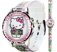 Accutime Sanrio Hello Kitty - Orologio LCD per bambini, cinturino rosa con paesaggio urbano, cassa metallica, lunetta iridescente, display digitale, quadrante stampato adorabile, vestibilità