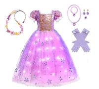 Acecharming Rapunzel - Vestito da principessa per bambine, costume da cosplay per bambini, vestito floreale gonfio per sfilata estiva, festa in costume, luce LED viola con accessori, 3-4 anni