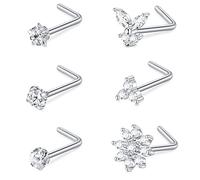 AceFun 18G Curved L-shaped Nose Studs 1MM Stainless Steel Nose Bar Nostril Piercing Diamond Cubic Zirconia Piercing Body Jewelry Silver Heart Star Flower Triangle Butterfly 7MM