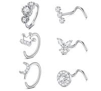 AceFun 20G Piercing Naso Anelli Piercing Curvo Forma di L Vite Naso Studs 0.8MM Naso Bar Nostril Piercing Diamante Cubic Zirconia Piercing Cake Cup Farfalla Argento Cuore Stella Fiore Luna Corona 7MM