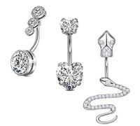AceFun Argento Belly Bar Ciondola Snake 14G 1.6mm Acciaio Chirurgico Belly Bar Doppio Cuore Lucido Cubic Zirconia Anti-allergico Navel Bar Bilancieri Anello Ombelico Anelli Ciondola 3 Stili