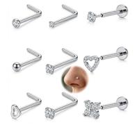 AceFun Piercing per naso a forma di L, con retro piatto, 18 g, senza filettatura, in acciaio inossidabile 316L, con zirconia cubica, sfera a forma di cuore, elica, trago, gioielli per narice, set da 9