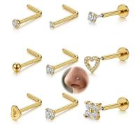 AceFun Piercing per naso a forma di L, con retro piatto, 18 g, senza filettatura, in acciaio inossidabile 316L, con zirconia cubica, sfera a forma di cuore, elica, trago, gioielli per narice, set da 9