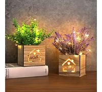 AceList 2 piante artificiali con luci a LED in scatola di legno, 11 x 9 x 26 cm, piante artificiali in vaso per casa, ufficio, scrivania, cucina, San Valentino, festa della mamma