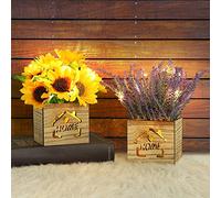 AceList 2 piante finte da interni con luce LED lavanda e girasole in scatola di legno, piante artificiali decorative in vaso, fiori artificiali in seta, per la decorazione della casa e della stanza