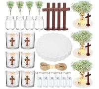 Acellegic Set da 6 centrotavola per battesimo con croce in legno, barattolo, candele, respiro del bambino, corda di lino, luci a corda, carte incrociate e accessori per battesimo, prima comunione