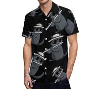 ACEPrints Maglietta da Uomo a Maniche Corte con Bottoni e Scollo a V, Stile Hawaiano, con Stampa di Un Gatto Che Gioca a teatro.