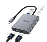 Acer Adattatore USB-C a doppio HDMI 4K@60 Hz, Hub USB-C multiporta con 2 HDMI, PD100 W, USB 3.0, convertitore Type-C per doppio monitor, compatibile con Acer Nitro, MacBook Air/Pro, Dell XPS, Surface