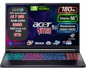 acer Nitro V 16 AI PC Copilot+ Notebook Gaming, AMD Ryzen AI 7 350, 32GB RAM DDR5 5600MHz, 2TB SSD PCIe, NVIDIA RTX 5060 8GB GDDR7, Display 16" WQXGA IPS 180Hz 2560x1600, WiFi 6E, USB4, Windows 11
