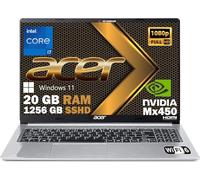 acer Notebook portatile SSD, Intel i7, RAM 20GB DDR4, SSD PCI NVMe da 512GB, display 15.6" Full HD, Scheda grafica dedicata NVIDIA, cover alluminio, usb, wi-fi, hdmi, bt, Win 11 Pro, Pronto all'uso