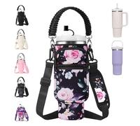 AceTreker Borsa porta bottiglie d'acqua con cinghia per tazza Stanley da 1,18 l, isolata, con 2 tasche, manico in paracord e tappo di paglia, per accessori Stanley Cup, fiore nero