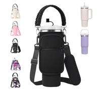 AceTreker Borsa porta bottiglie d'acqua per Stanley 30/4 once bicchiere con manico semplice e moderno supporto con tracolla e 2 tasche in neoprene metallo da viaggio accessori per il trasporto - nero