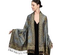 Achillea Sciarpa morbida e setosa reversibile paisley pashmina scialle avvolgente con frange, Blu acciaio, 28" W x 76"L
