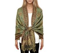 Achillea Sciarpa morbida e setosa reversibile paisley pashmina scialle avvolgente con frange, Verde salvia., 28" W x 76"L
