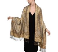 Achillea - Sciarpa pashmina rave reversibile motivo cachemire - Scialli esotici indiani e stole per abiti da sera, festival, per tutte le stagioni, Grigio oro., 28"W x 76"L