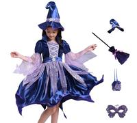 Achimlt 5 Pezzi Vestito Halloween Bambina da Strega, Costume Strega Bambina Vestito Glitter, Cappello, Borsa, Scopa e Maschera Vestito Halloween Bambino per Carnevale Feste Cosplay (01-Blu, 8-9 anni)