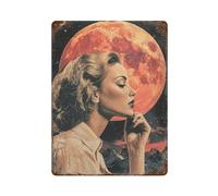 ACIFHGUE Donna che guarda la luna rossaDecorazione da parete Art Metal Tin Poster Modern Bar Decorations40x30cm